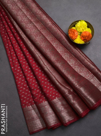 Semi chiniya silk saree red with allover thread & zari woven buttas and woven border