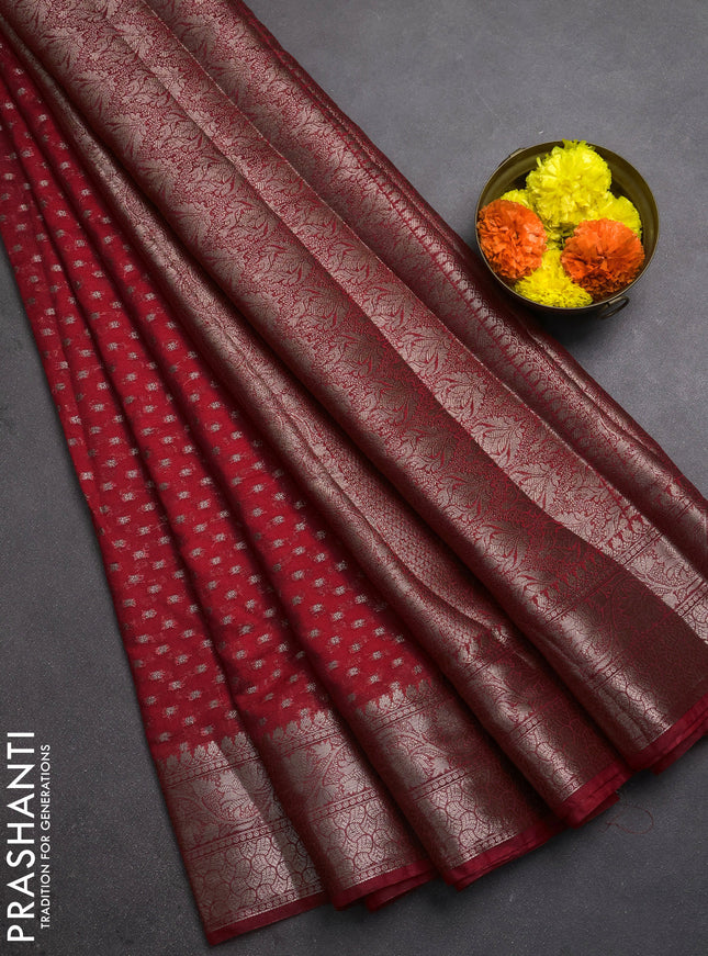 Semi chiniya silk saree red with allover thread & zari woven buttas and woven border