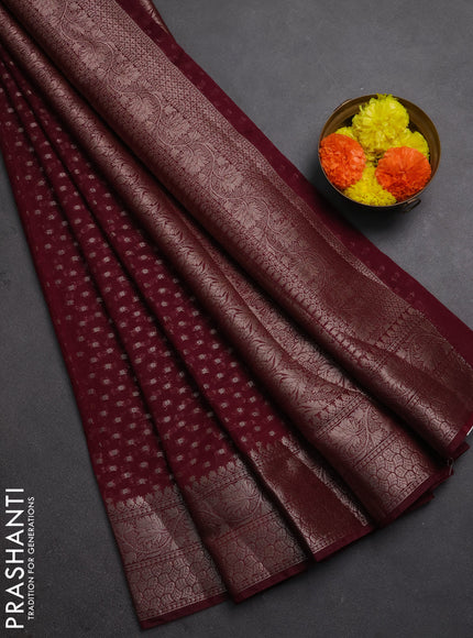 Semi chiniya silk saree wine shade with allover thread & zari woven buttas and woven border