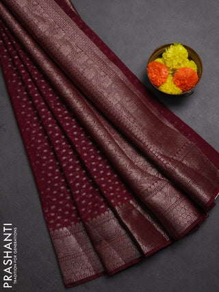 Semi chiniya silk saree wine shade with allover thread & zari woven buttas and woven border