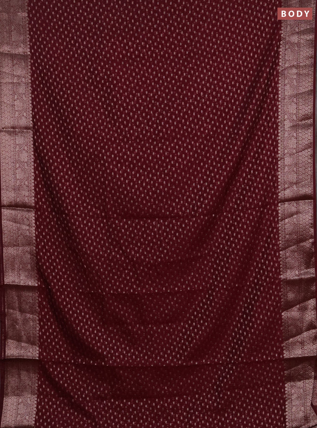 Semi chiniya silk saree wine shade with allover thread & zari woven buttas and woven border