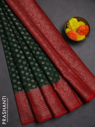 Semi chiniya silk saree bottle green and red with allover thread & zari weaves and woven border