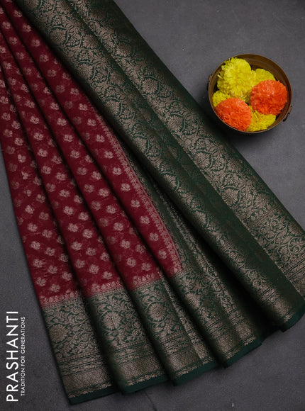 Semi chiniya silk saree maroon and bottle green with allover thread & zari weaves and woven border