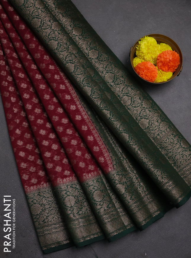 Semi chiniya silk saree maroon and bottle green with allover thread & zari weaves and woven border