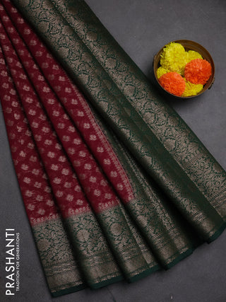 Semi chiniya silk saree maroon and bottle green with allover thread & zari weaves and woven border