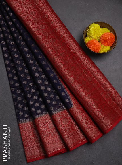 Semi chiniya silk saree navy blue and red with allover thread & zari weaves and woven border
