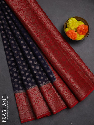 Semi chiniya silk saree navy blue and red with allover thread & zari weaves and woven border