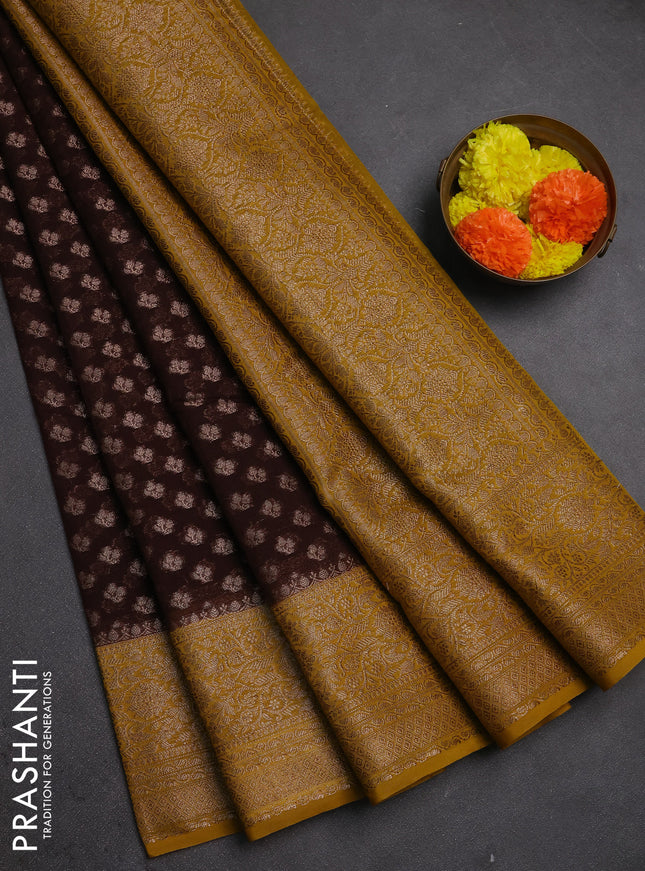 Semi chiniya silk saree coffee brown and dark mustard with allover thread & zari weaves and woven border