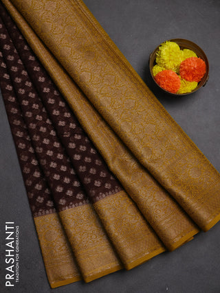 Semi chiniya silk saree coffee brown and dark mustard with allover thread & zari weaves and woven border