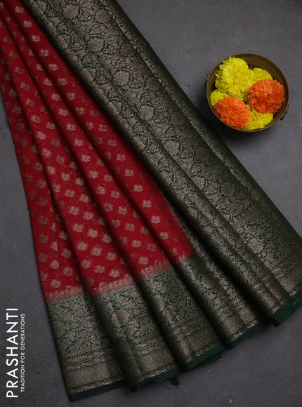 Semi chiniya silk saree red and bottle green with allover thread & zari weaves and woven border