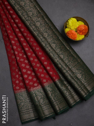 Semi chiniya silk saree red and bottle green with allover thread & zari weaves and woven border