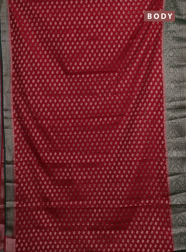 Semi chiniya silk saree red and bottle green with allover thread & zari weaves and woven border
