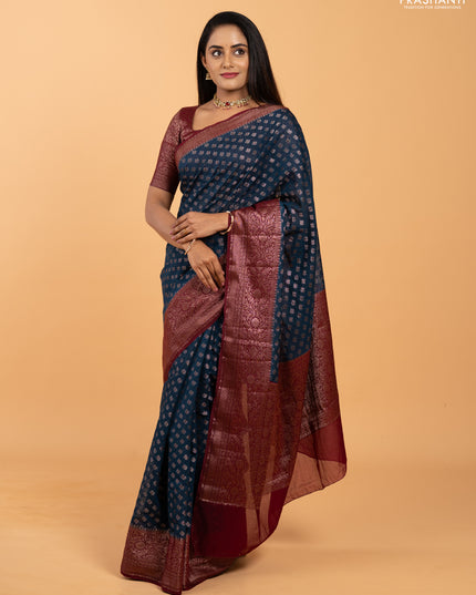 Semi chiniya silk saree peacock blue and wine shade with allover thread & zari weaves and woven border