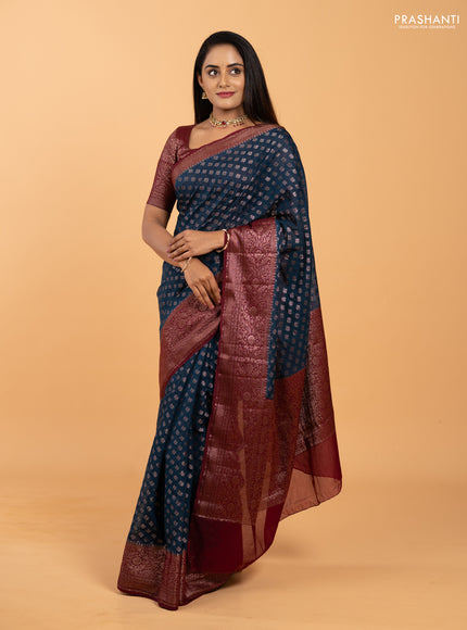 Semi chiniya silk saree peacock blue and wine shade with allover thread & zari weaves and woven border