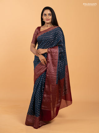 Semi chiniya silk saree peacock blue and wine shade with allover thread & zari weaves and woven border