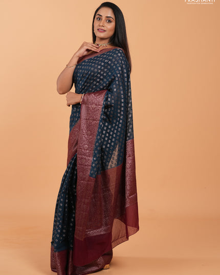 Semi chiniya silk saree peacock blue and wine shade with allover thread & zari weaves and woven border