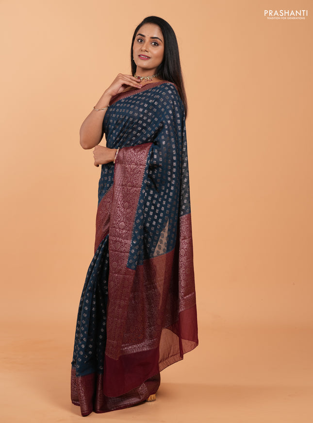 Semi chiniya silk saree peacock blue and wine shade with allover thread & zari weaves and woven border