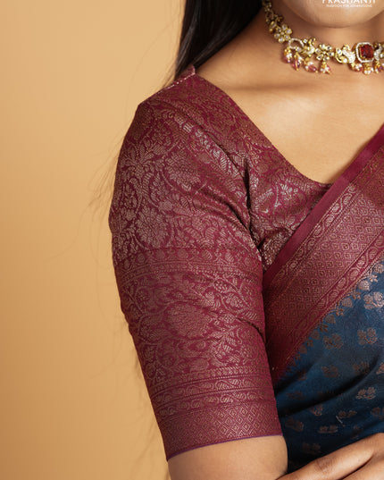 Semi chiniya silk saree peacock blue and wine shade with allover thread & zari weaves and woven border
