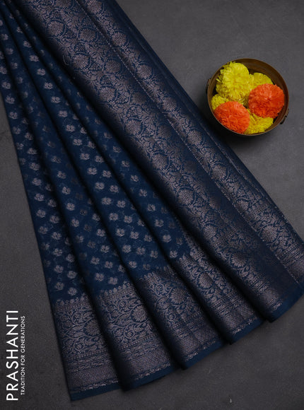 Semi chiniya silk saree peacock blue with allover thread & zari weaves and woven border