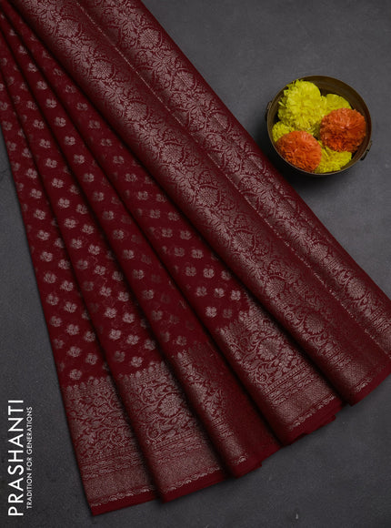 Semi chiniya silk saree red with allover thread & zari weaves and woven border
