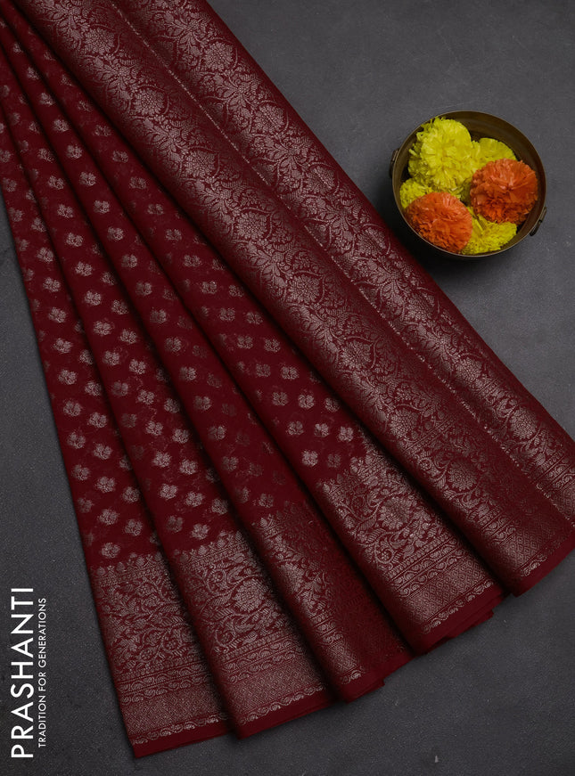 Semi chiniya silk saree red with allover thread & zari weaves and woven border