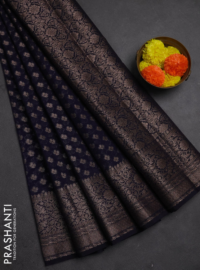 Semi chiniya silk saree navy blue with allover thread & zari weaves and woven border
