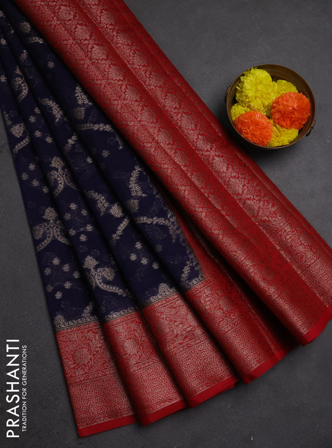 Semi chiniya silk saree navy blue and red with allover thread & zari weaves and woven border