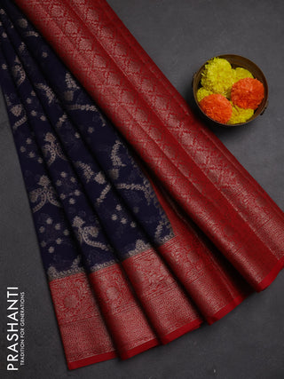 Semi chiniya silk saree navy blue and red with allover thread & zari weaves and woven border