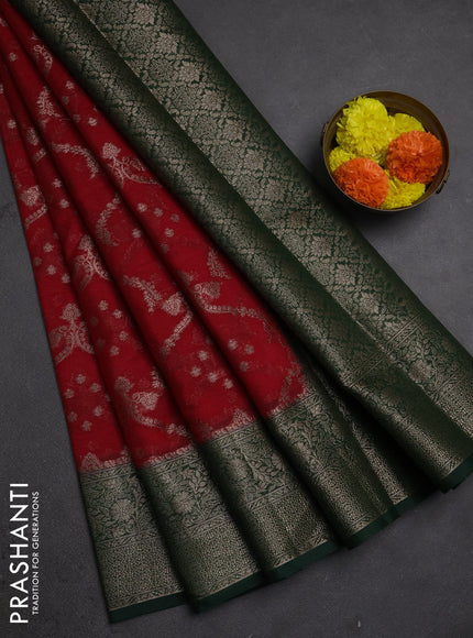Semi chiniya silk saree red and bottle with allover thread & zari weaves and woven border