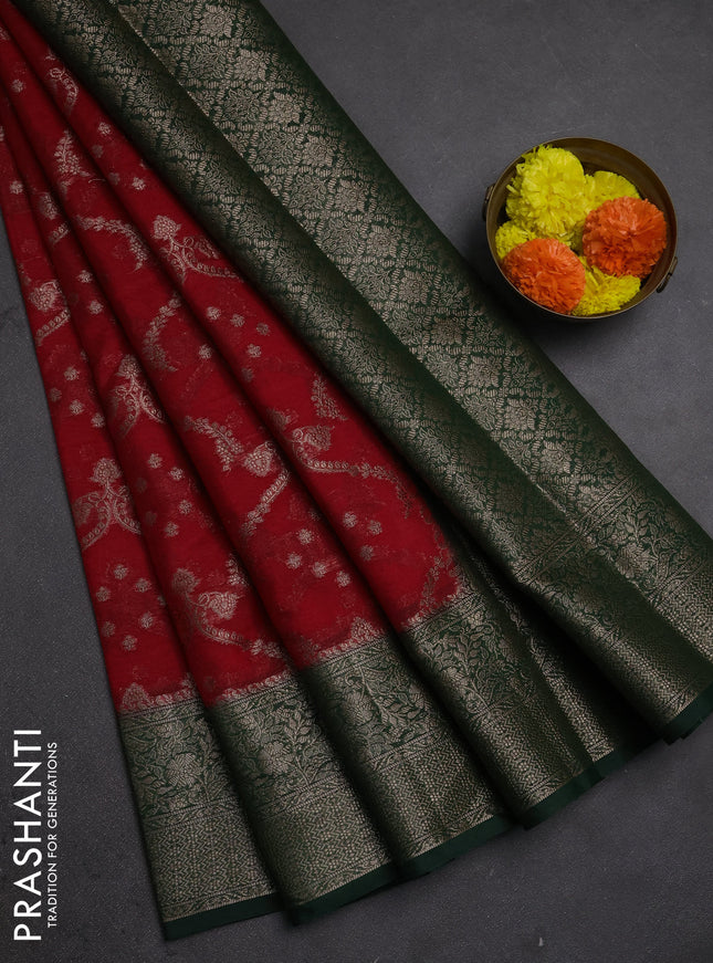 Semi chiniya silk saree red and bottle with allover thread & zari weaves and woven border