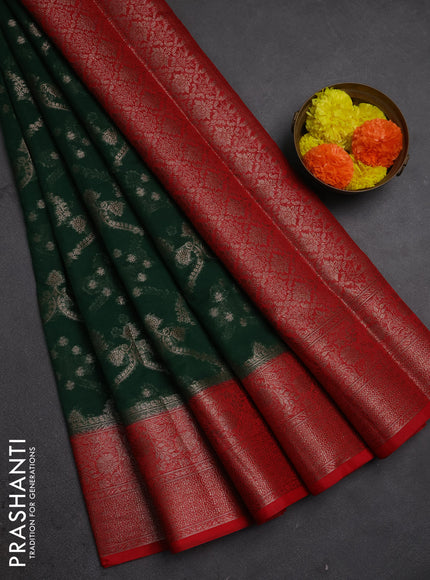 Semi chiniya silk saree bottle green and red with allover thread & zari weaves and woven border