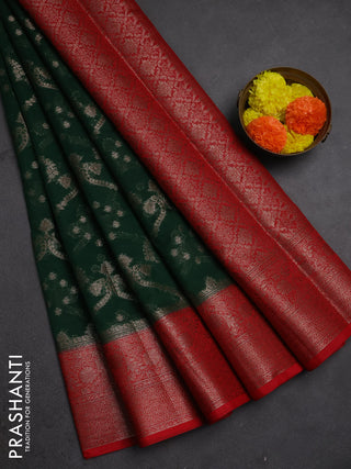 Semi chiniya silk saree bottle green and red with allover thread & zari weaves and woven border