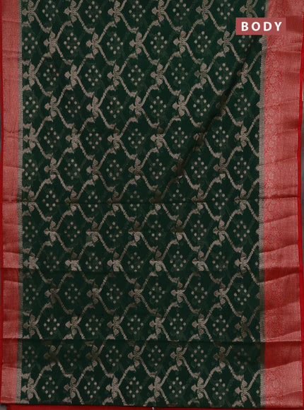 Semi chiniya silk saree bottle green and red with allover thread & zari weaves and woven border