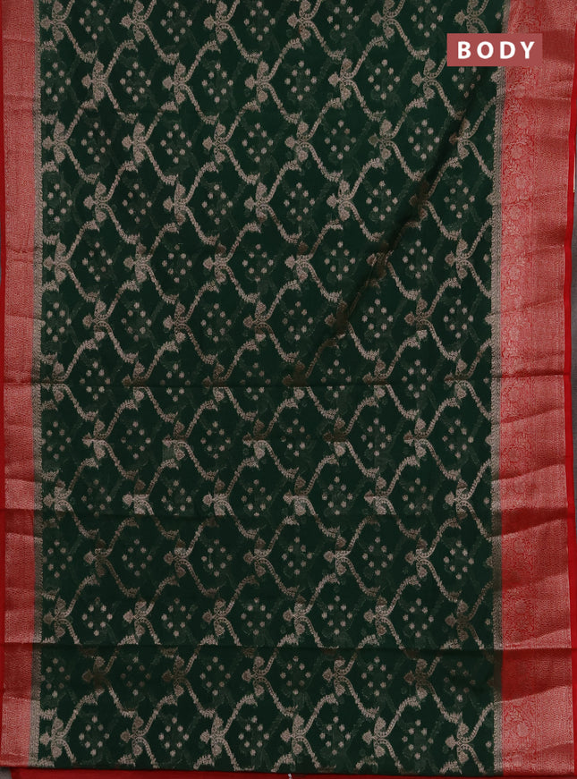 Semi chiniya silk saree bottle green and red with allover thread & zari weaves and woven border