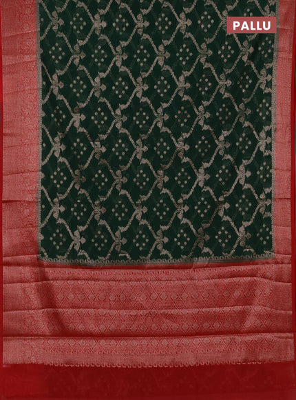 Semi chiniya silk saree bottle green and red with allover thread & zari weaves and woven border