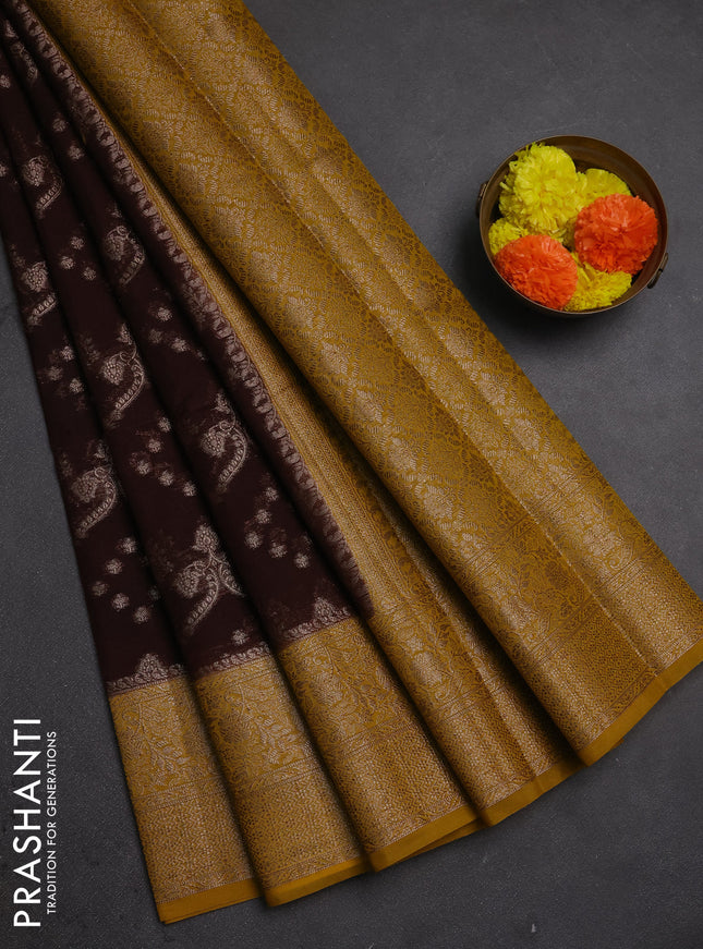 Semi chiniya silk saree coffee brown and dark mustard with allover thread & zari weaves and woven border