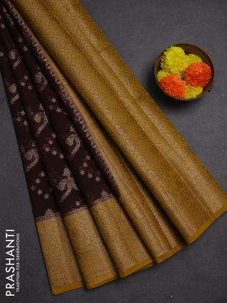 Semi chiniya silk saree coffee brown and dark mustard with allover thread & zari weaves and woven border