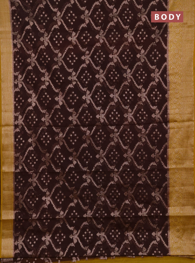Semi chiniya silk saree coffee brown and dark mustard with allover thread & zari weaves and woven border