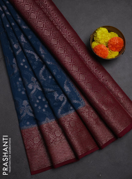 Semi chiniya silk saree peacock blue and wine shade with allover thread & zari weaves and woven border