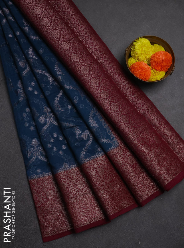 Semi chiniya silk saree peacock blue and wine shade with allover thread & zari weaves and woven border