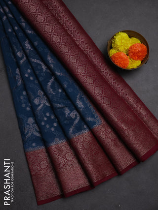 Semi chiniya silk saree peacock blue and wine shade with allover thread & zari weaves and woven border