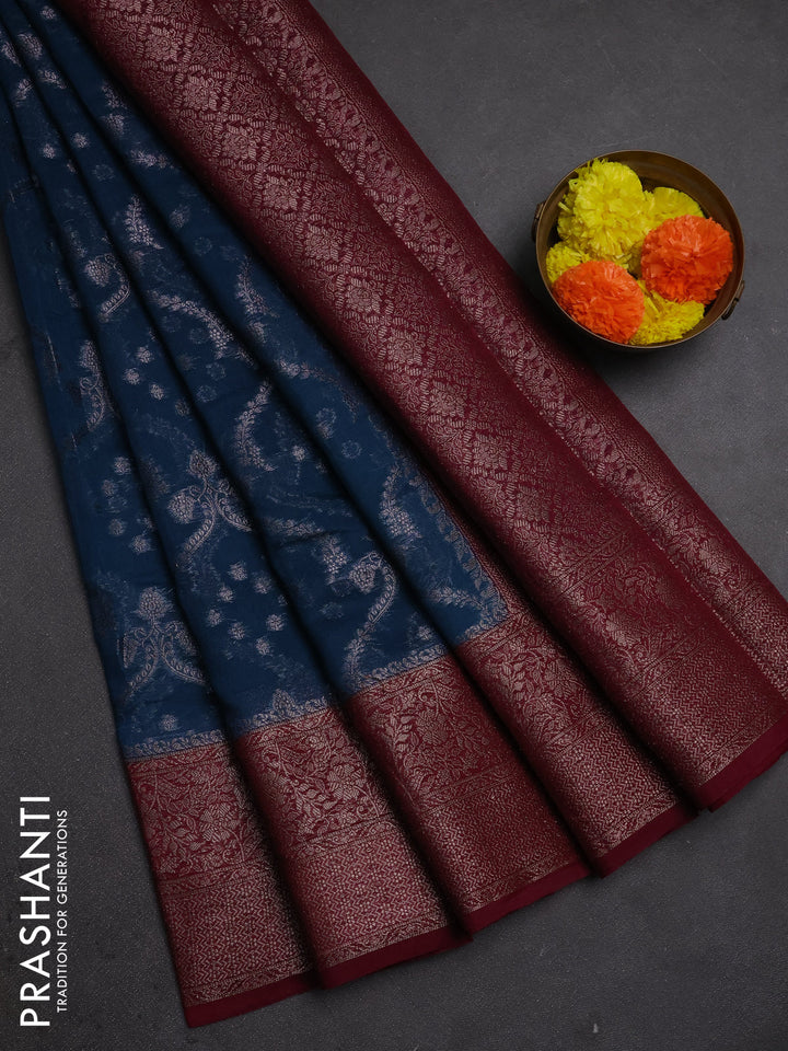 Semi chiniya silk saree peacock blue and wine shade with allover thread & zari weaves and woven border