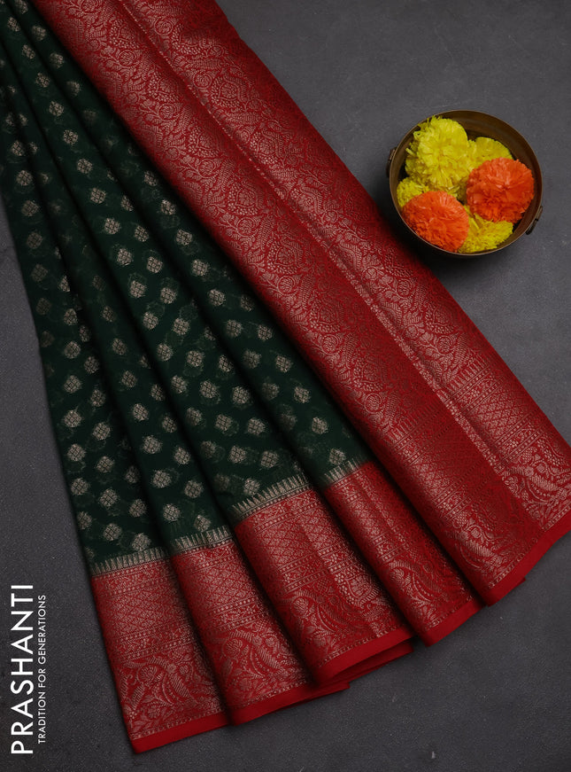 Semi chiniya silk saree bottle green and red with allover thread & zari woven buttas and woven border