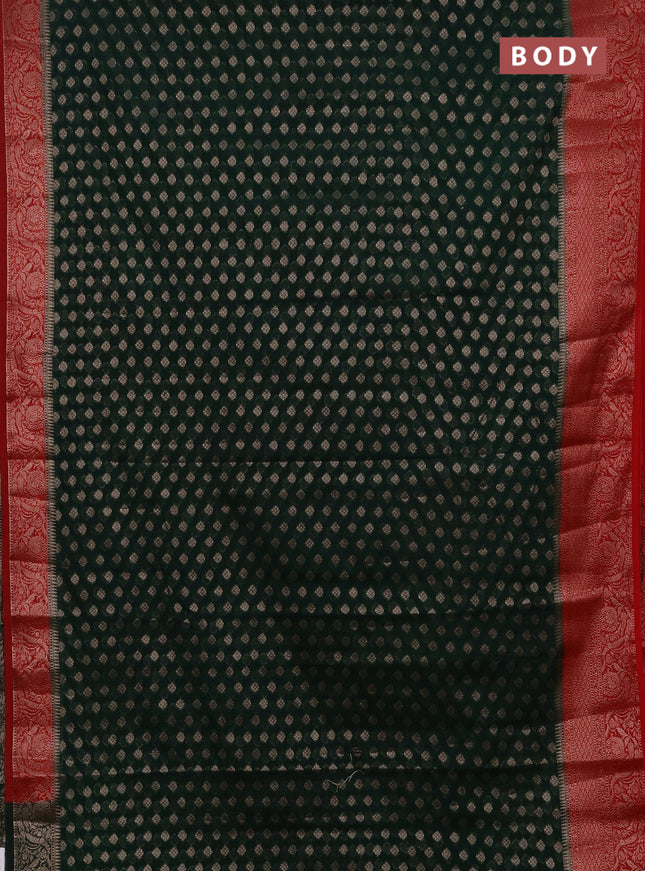 Semi chiniya silk saree bottle green and red with allover thread & zari woven buttas and woven border