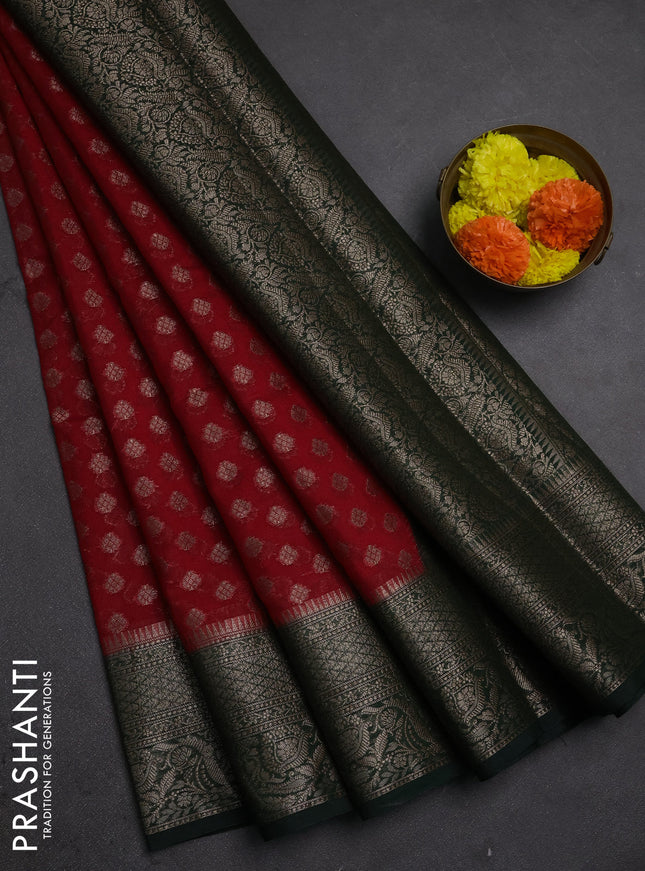 Semi chiniya silk saree red and bottle green with allover thread & zari woven buttas and woven border