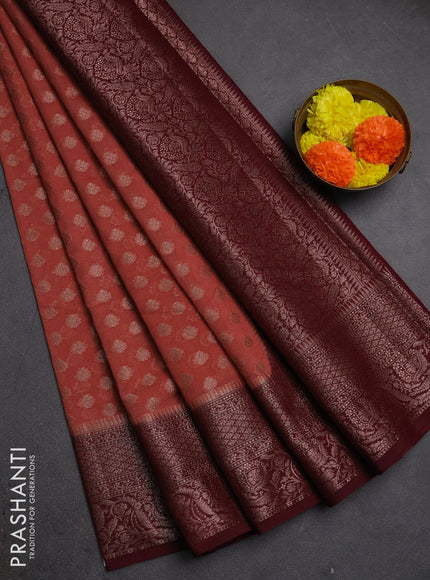Semi chiniya silk saree dark peach and maroon with allover thread & zari woven buttas and woven border