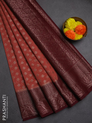 Semi chiniya silk saree dark peach and maroon with allover thread & zari woven buttas and woven border
