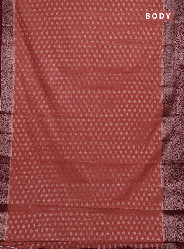 Semi chiniya silk saree dark peach and maroon with allover thread & zari woven buttas and woven border