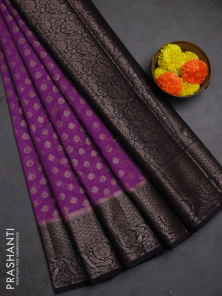 Semi chiniya silk saree drak lavender and black with allover thread & zari woven buttas and woven border