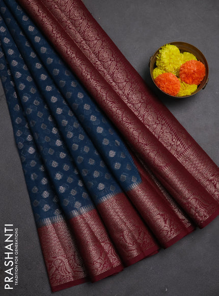 Semi chiniya silk saree peacock blue and wine shade with allover thread & zari woven buttas and woven border